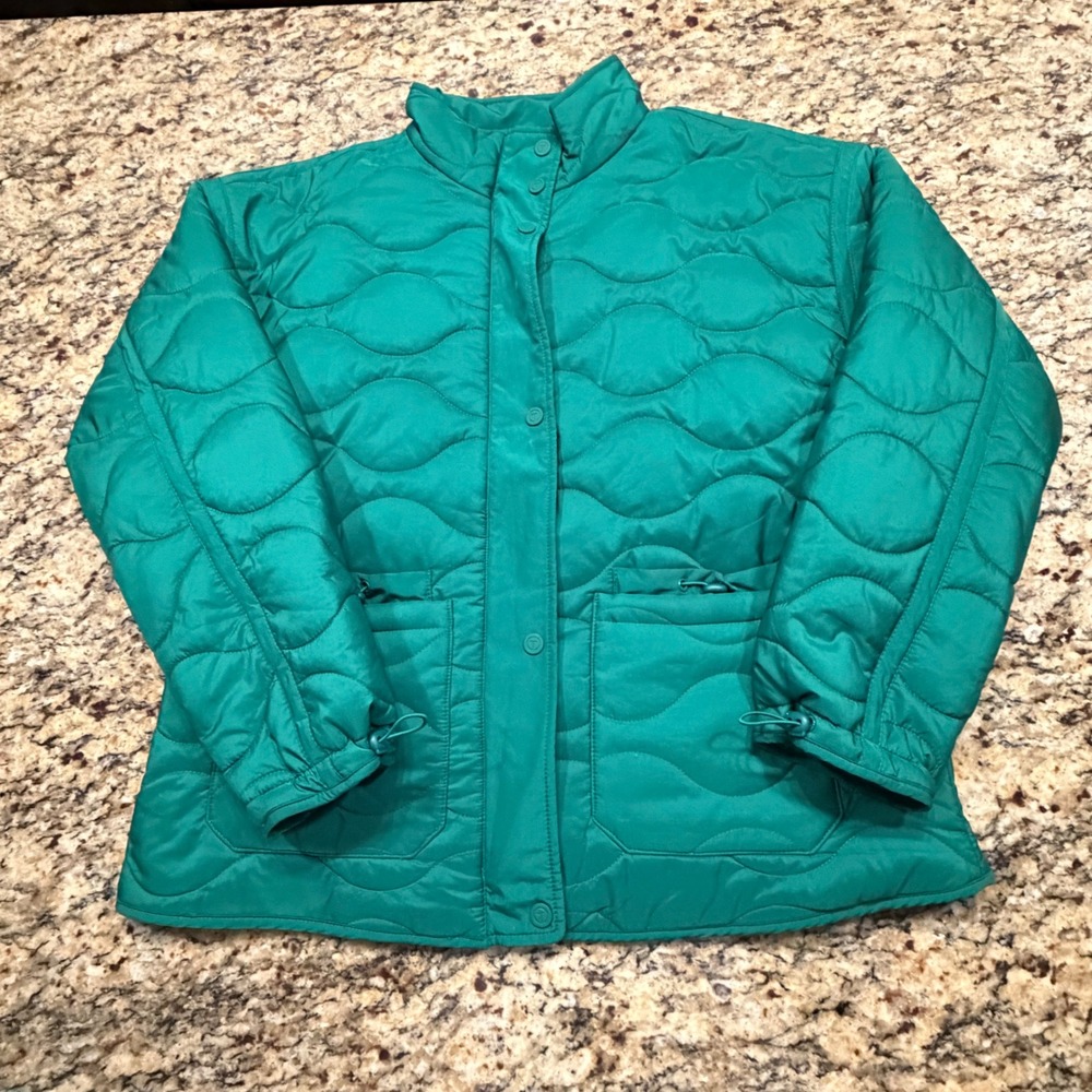 T‎ by Talbots Womens Emerald Green Quilted Puffer Jacket Zip Snap Front Medium